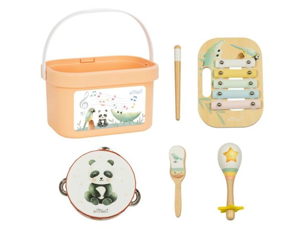 Houten muziekset voor kinderen in draagbare box – tamboerijn, castagnetten, xylophone en rumba-bal.